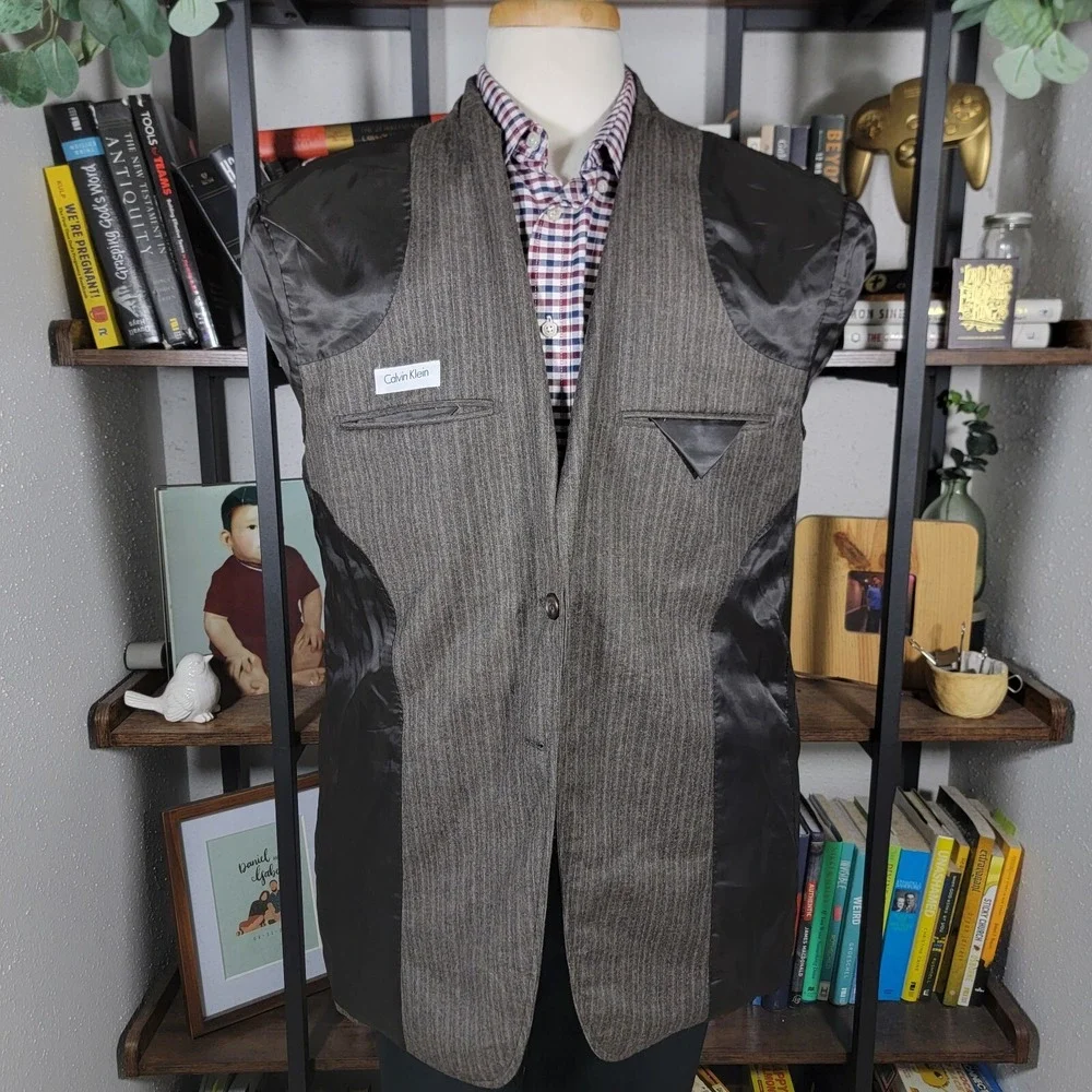 VTG Calvin Klein Mens Flannel Sport Coat Blazer Two Button Brown Striped Wool XL